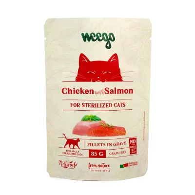 Weego | Wet Cat Food Salmon for Sterilized Cats Comida úmida para gatos esterilizados Weego com sabor salmão, sachê 85g.