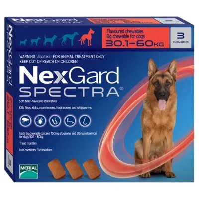 Embalagem de Nexgard Spectra para cães de 30kg a 60kg, com 3 tabletes