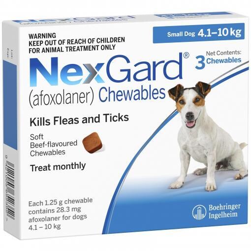 Embalagem de Nexgard para cães de 4 a 10kg, com 3 tabletes mastigáveis.