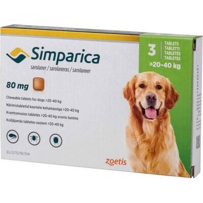 Simparica 20-40kg: comprimido mastigável saboroso que oferece proteção completa contra pulgas, carrapatos e sarnas para cães