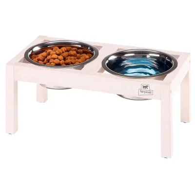 Ferplast Desco Wood 3 Suporte de Madeira com Tigelas em Aço para Cães e Gatos