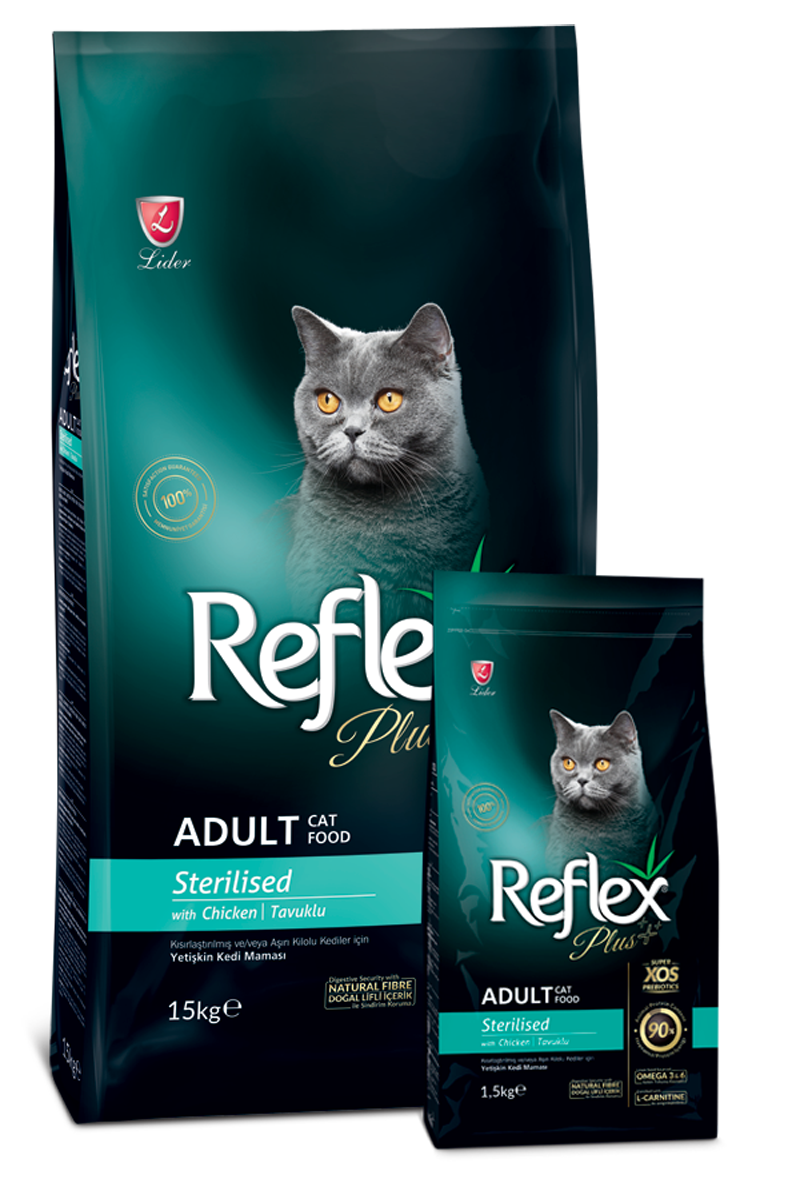 Gato adulto castrado comendo ração Reflex Plus Gato Adulto Esterilizado Frango