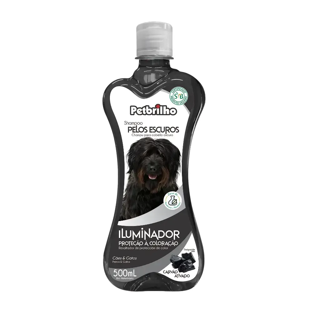 Shampoo PetBrilho para cães e gatos com pelagem escura, formulado com carvão ativado para limpar, realçar a cor e dar brilho 