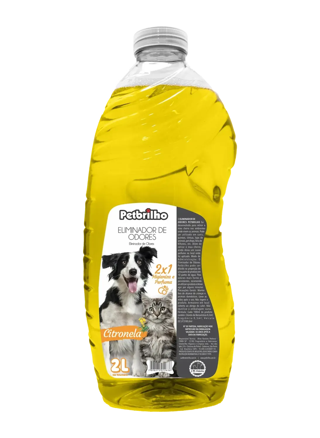 PetBrilho Eliminador de Odores Citronela 2L para limpeza e higienização de ambientes onde vivem cães e gatos.