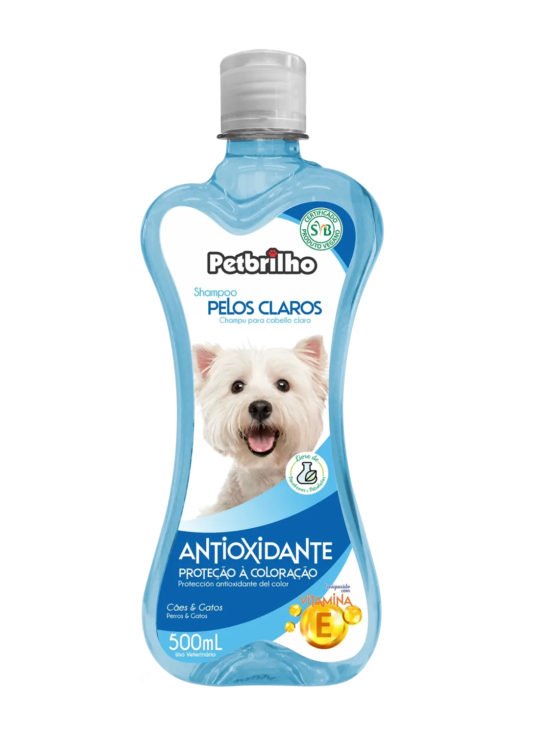 Shampoo PetBrilho Pelos Claros 500 ml para cães e gatos, formulado com vitamina E para cuidar da pelagem clara, deixando os p