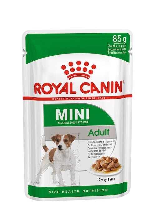 Royal Canin® Mini Adult em Molho 12 sachês de 85g, alimento úmido para cães adultos de porte pequeno, pedaços macios em molho saboroso. 