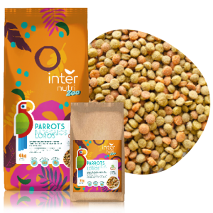 Saco de ração para papagaios em tons de verde e amarelo. Internutri Alimentação para Papagaios 1kg com variedade de sementes e frutas.