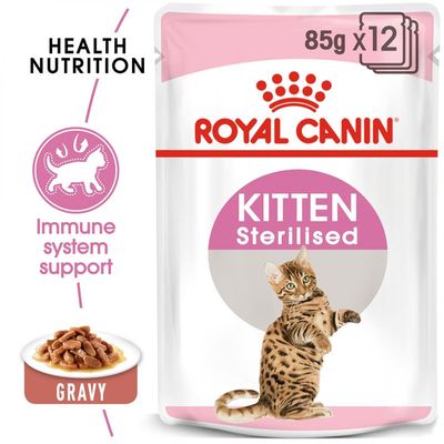 Embalagem de Royal Canin Kitten Esterilizado Chunks in Gravy 12x85g.
