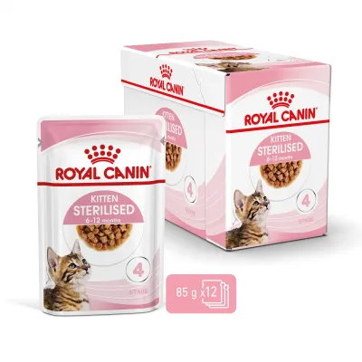 Embalagem de Royal Canin Kitten Esterilizado Chunks in Gravy 12x85g.