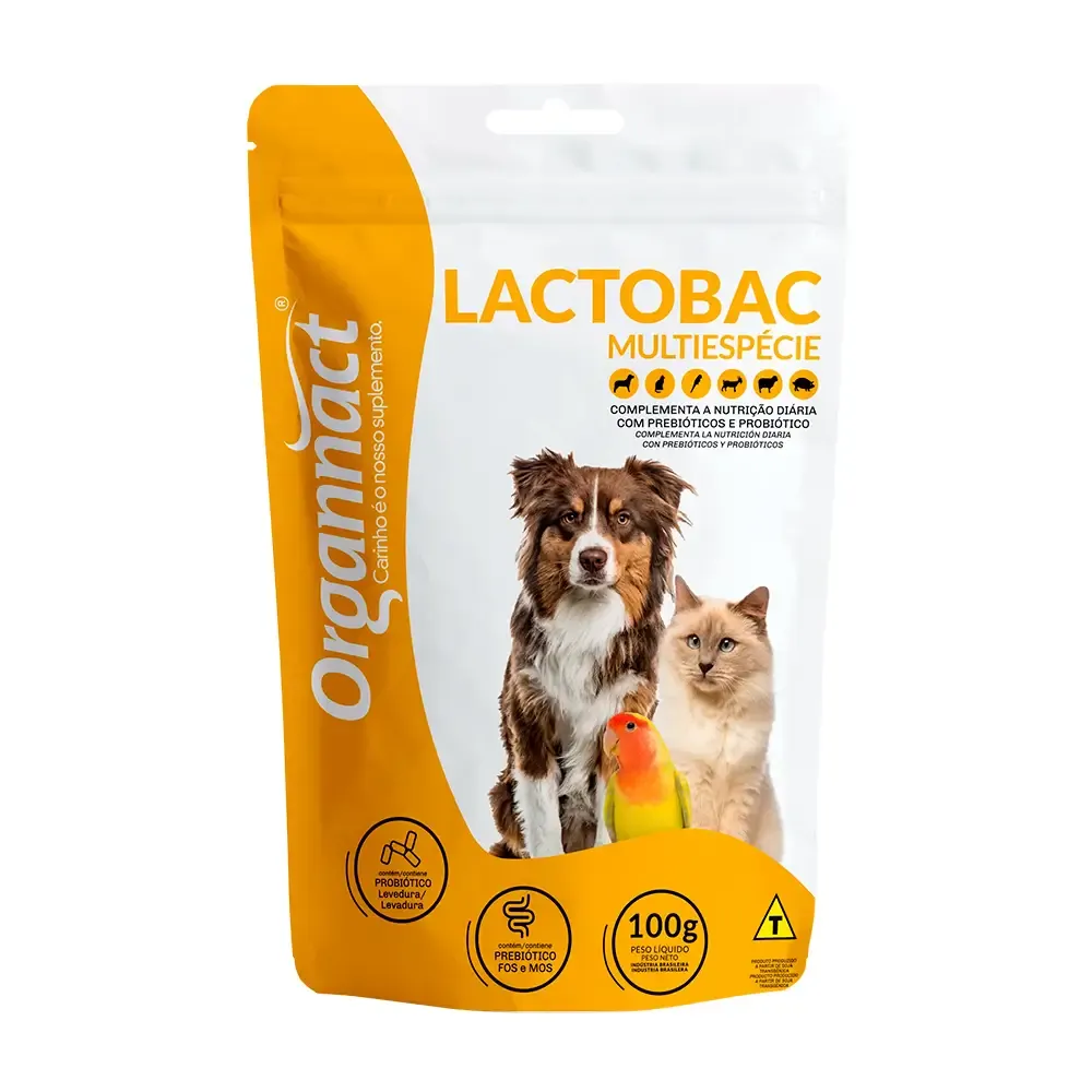 Suplemento Organnact Lactobac Multiespécie 100g para saúde intestinal de pets