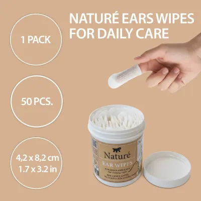 Toalhetes descartáveis ​​para uma limpeza suave das orelhas de cães e gatos. Sem fragrância, ideais também para uso frequente