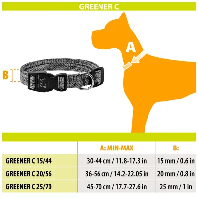 Coleira Ferplast Greener C para cães, fabricada em poliéster 100% reciclado, ajustável e com fecho seguro.