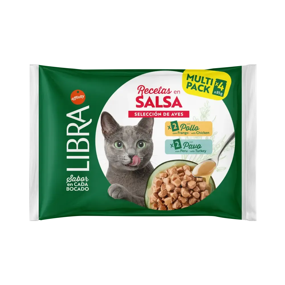 Libra | Receitas Em Molho – Seleção De Aves 4x85G Libra Receitas em Molho Seleção de Aves 4x85 g, alimento húmido completo para gatos adultos, com receitas de frango e peru em