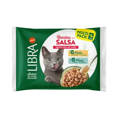 Libra Receitas em Molho Seleção de Aves 4x85 g, alimento húmido completo para gatos adultos, com receitas de frango e peru em