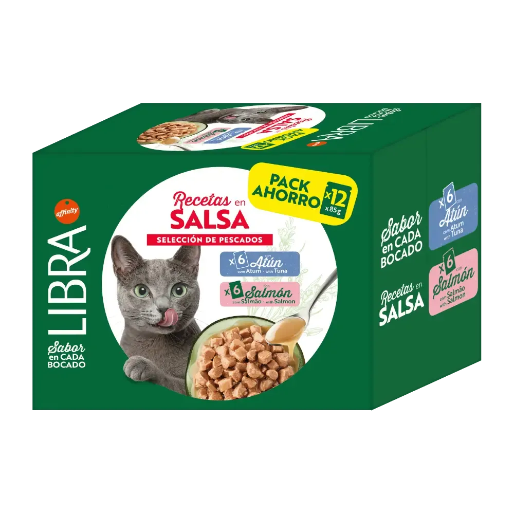 Libra Receitas em Molho Seleção de Peixes 12x85 g, alimento húmido completo para gatos adultos, com receitas de salmão e atum