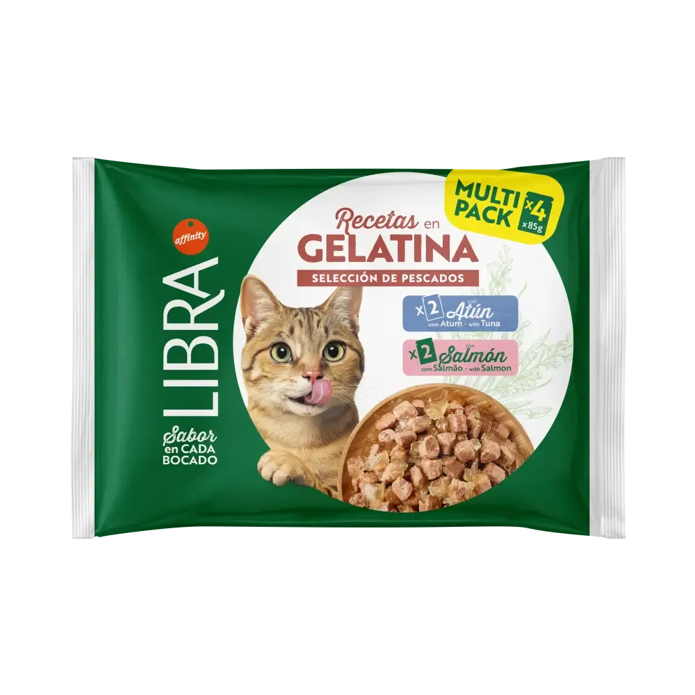 Libra | Receitas Em Gelatina – Seleção De Peixes 4x85G Libra Receitas em Gelatina Seleção de Peixes para gatos adultos, com variedades de salmão e atum em gelatina.