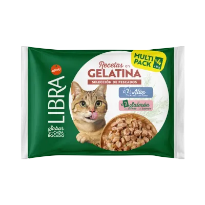 Libra | Receitas Em Gelatina – Seleção De Peixes 4x85G Libra Receitas em Gelatina Seleção de Peixes para gatos adultos, com variedades de salmão e atum em gelatina.