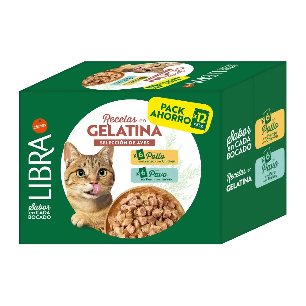 Libra Receitas em Gelatina Seleção de Aves para gatos adultos, com sabores de frango e peru, em gelatina e com alimentação co