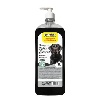 Shampoo PetBrilho para cães e gatos com pelagem escura, formulado com carvão ativado para limpar, realçar a cor e dar brilho 