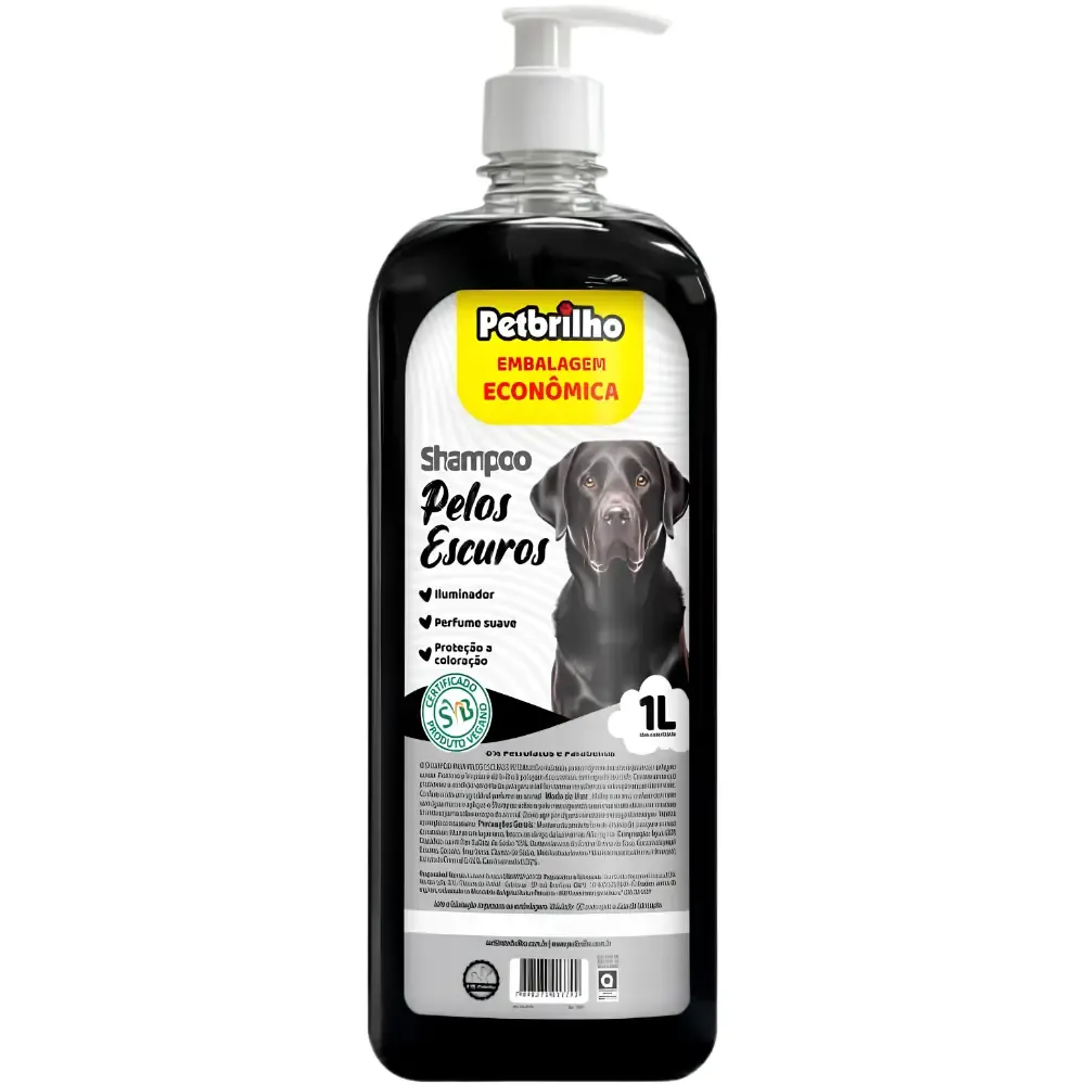 Shampoo PetBrilho para cães e gatos com pelagem escura, formulado com carvão ativado para limpar, realçar a cor e dar brilho 