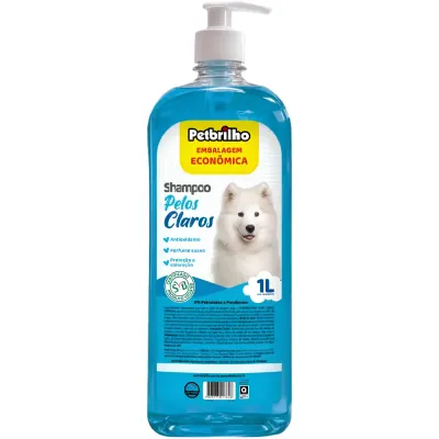 PetBrilho | Shampoo Pelos Claros 1000ml Shampoo PetBrilho Pelos Claros 1000 ml para cães e gatos, formulado com vitamina E para cuidar da pelagem clara.