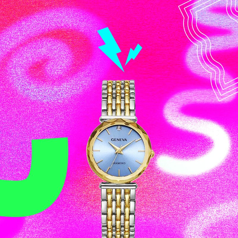 Geneva Ladies Two Tone Tone 30mm Genuine Diamond Metalized Glass Bezel Adjustable Bracelet Watch