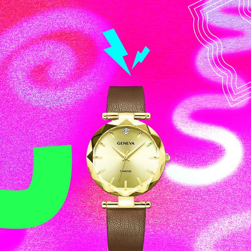 Geneva Ladies Gold Tone 32mm Genuine Diamond Faceted Bezel Brown Strap Watch