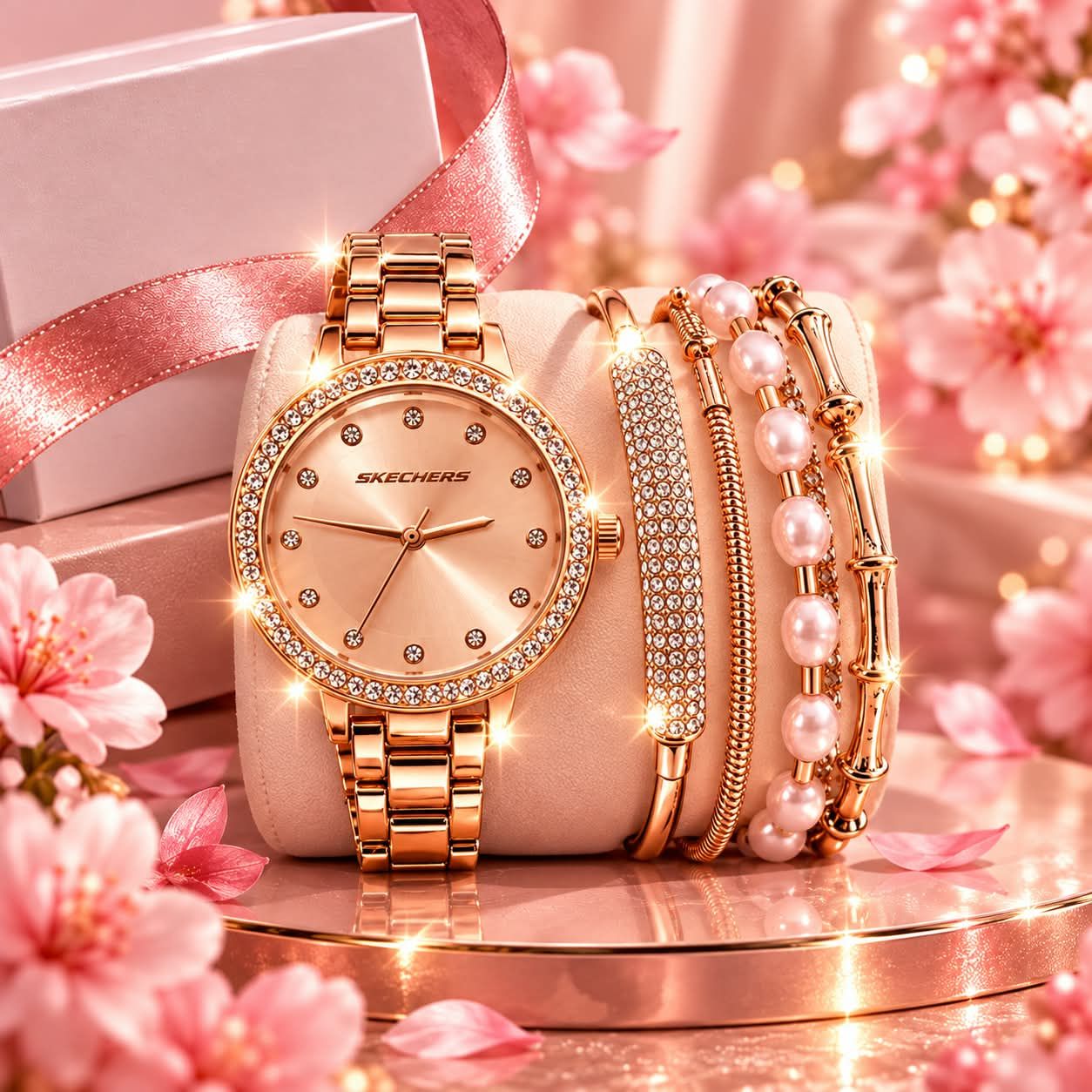 Reloj Skechers Tono Oro Rosa + Set de Pulseras, 32 Diametro
