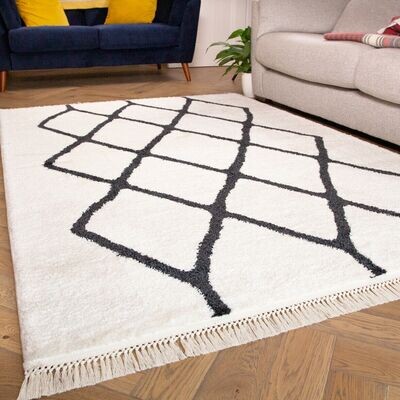 Ivory Denali Fringe Shaggy Rug Scandi Living Room Rugs Geometric Bedroom Rug