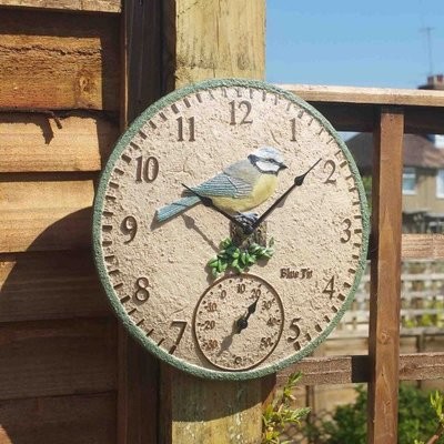 Blue Tit Wall Clock & Thermometer 12in
