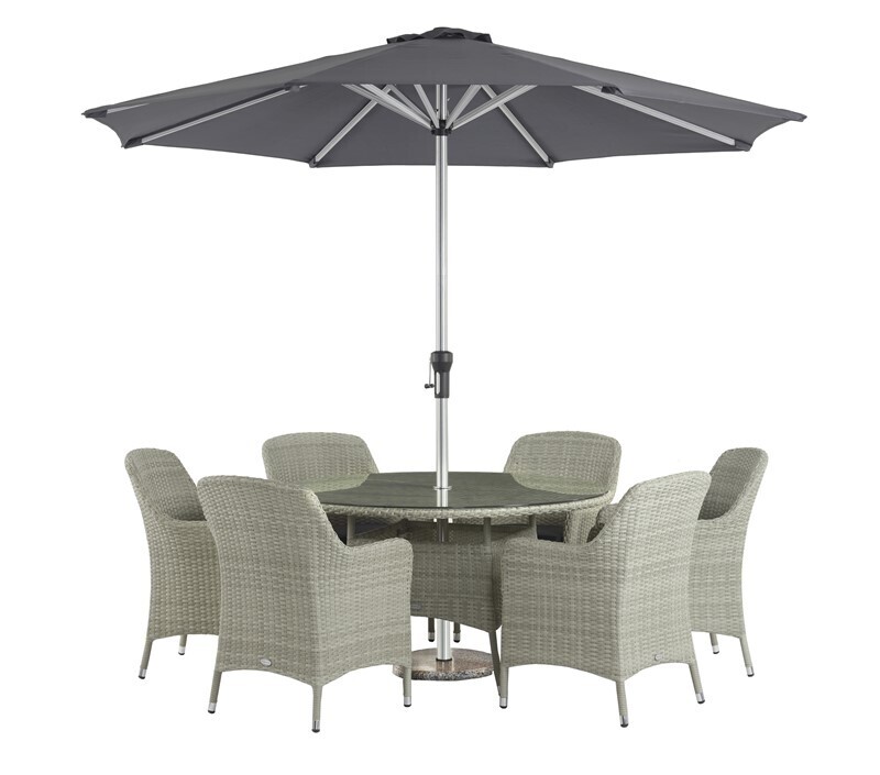 Portobello 135cm Round Table with 6 Armchairs, Parasol & Base