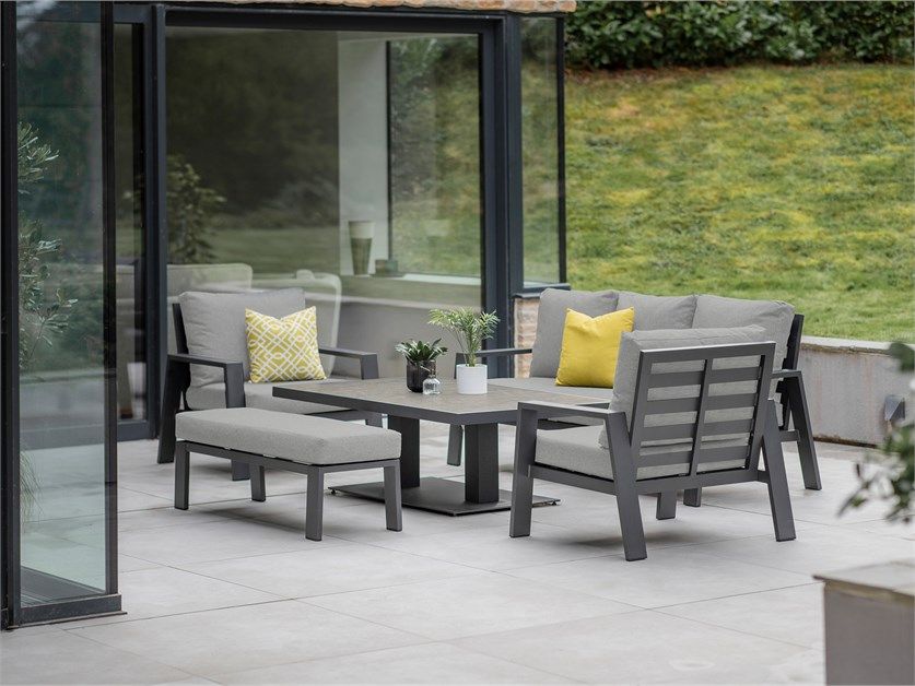 Pienza 3 Seater Sofa with Rectangle Piston Adjustable Table, 2 Armchairs &amp; Bench