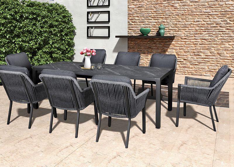 Sanza 8 Seat Rectangular Dining Set with Parasol &amp; Base