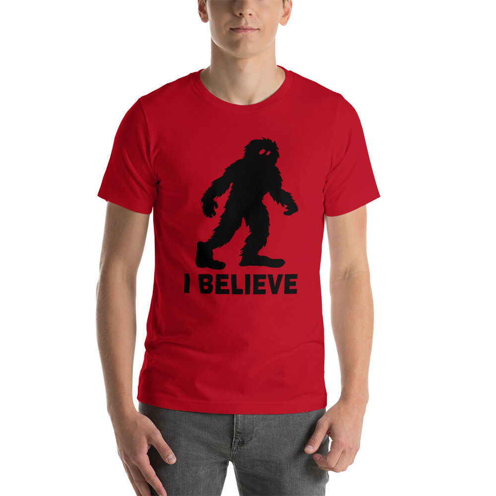 I Believe Bigfoot (Light Shirts), Color: Red, Size: XS