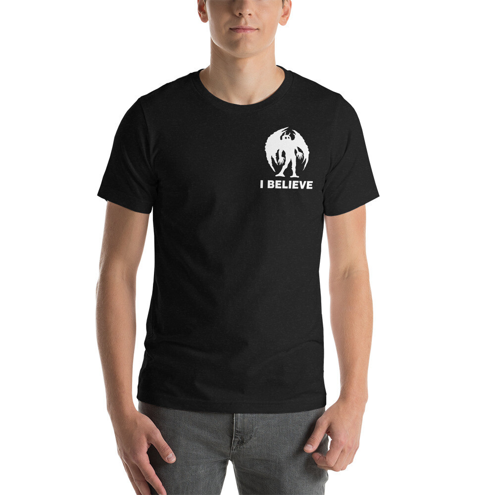 I Believe Mothman Left Chest (Dark Shirts), Color: Black Heather, Size: XS