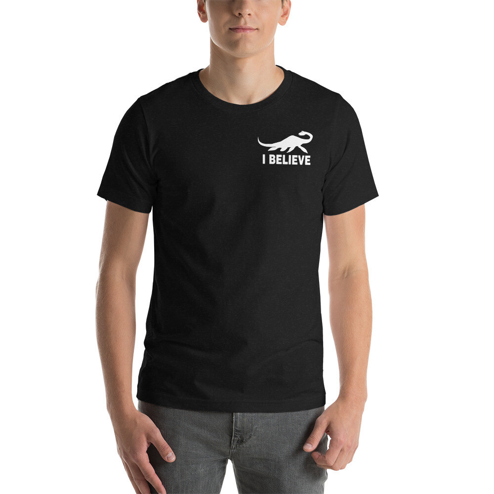 I Believe Nessie Left Chest (Dark Shirts), Color: Black Heather, Size: XS