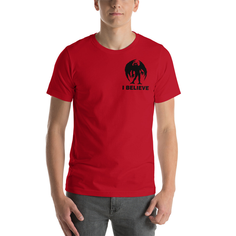 I Believe Mothman Left Chest (Light Shirts), Color: Red, Size: XS