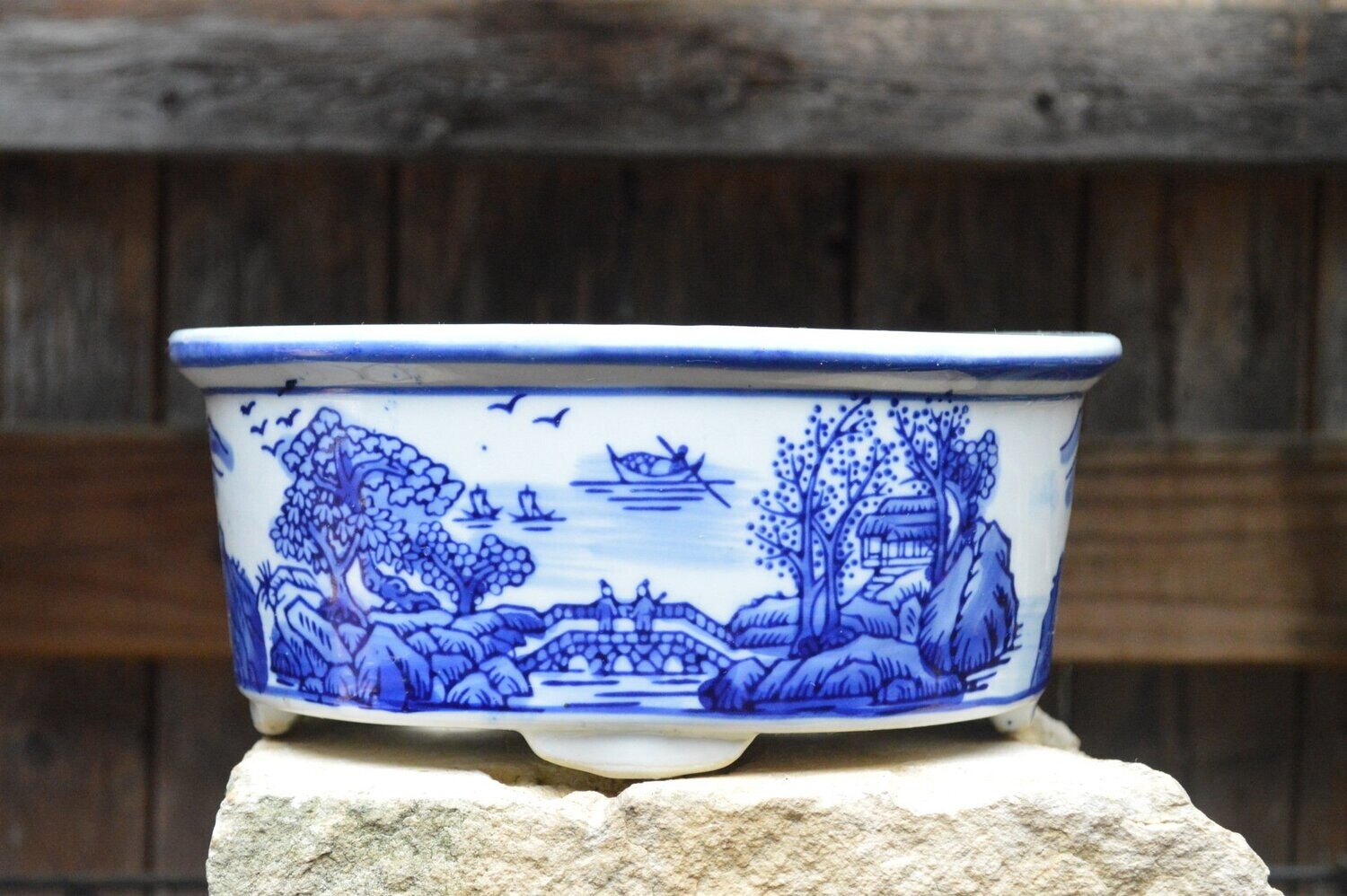 Blue and White Oval Pot 8