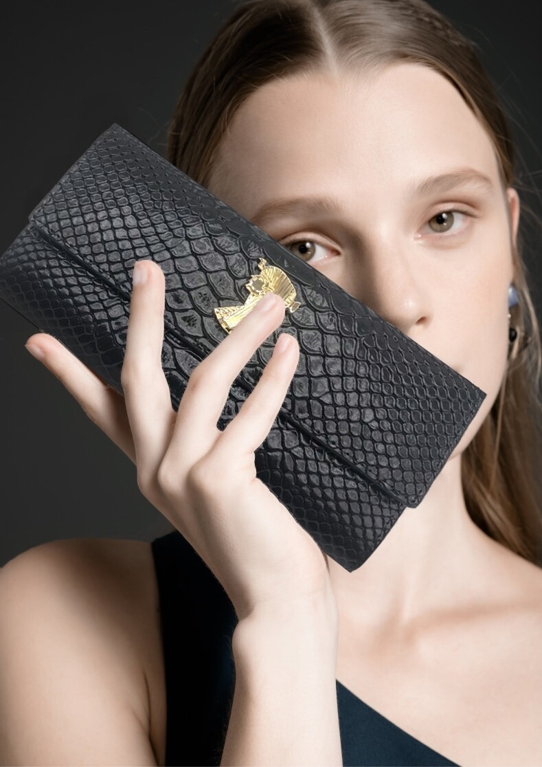 Patra Women&#39;s Long Leather Python Skin Folding Wallet Black