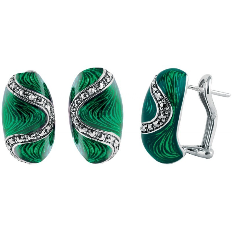 Green Marcasite Oval Earrings