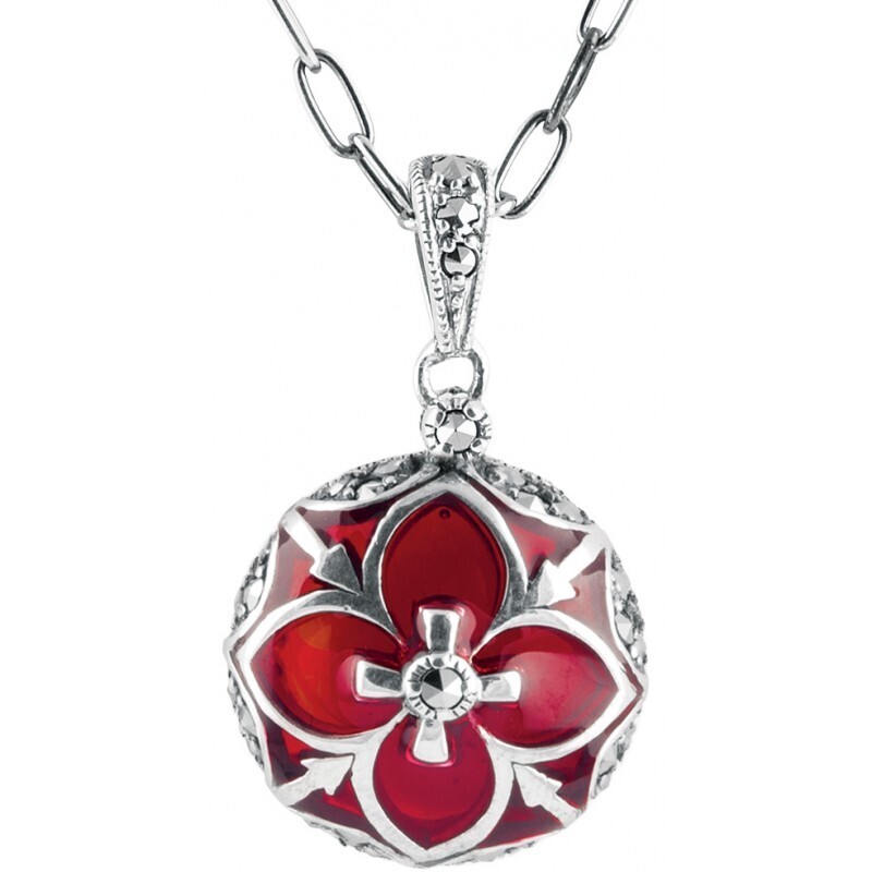 Red Enamel Marcasite Round Necklace