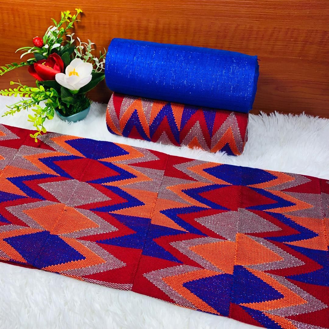 6 Yards Hand Woven Kente Fabric - For woman/orange/blue