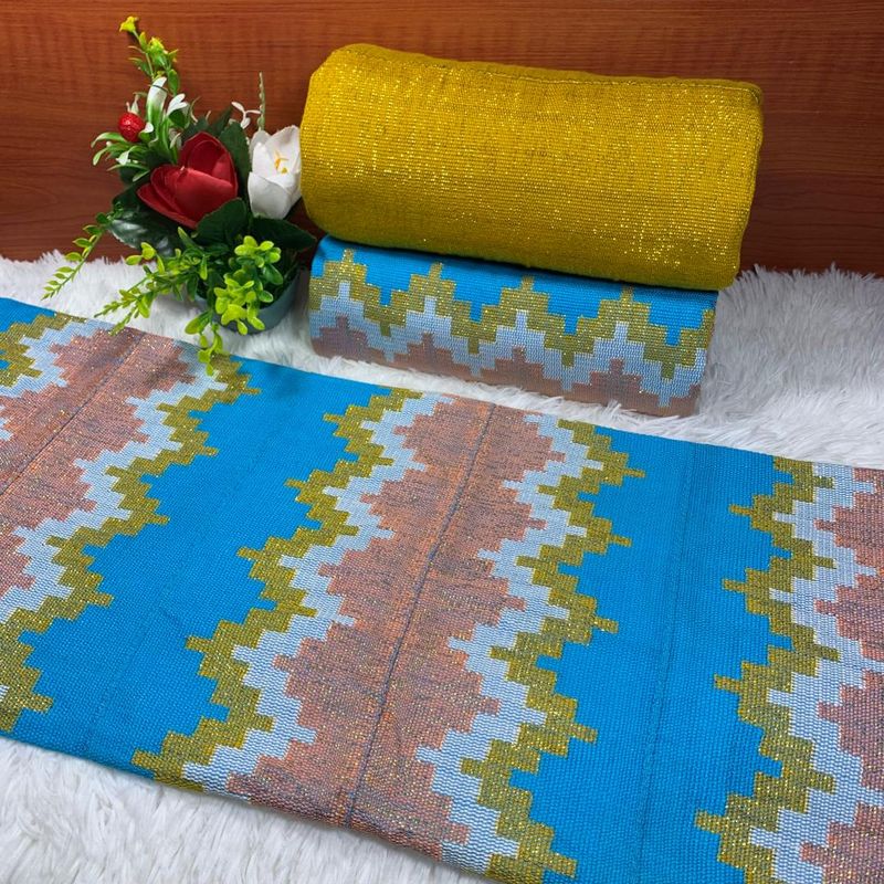 6 Yards Hand Woven Kente Fabric - For woman/C blue/Gold