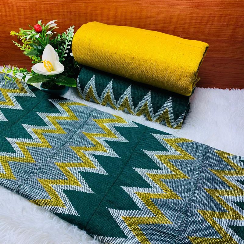 6 Yards Hand Woven Kente Fabric - For woman/Green/Gold