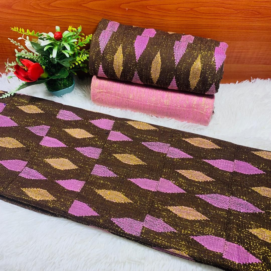 6 Yards Hand Woven Kente Fabric - For woman/Coffee/Peach