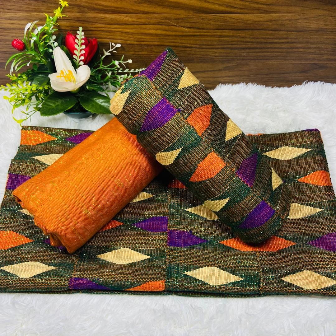 6 Yards Orange Kente Fabric - For woman/Multi Color