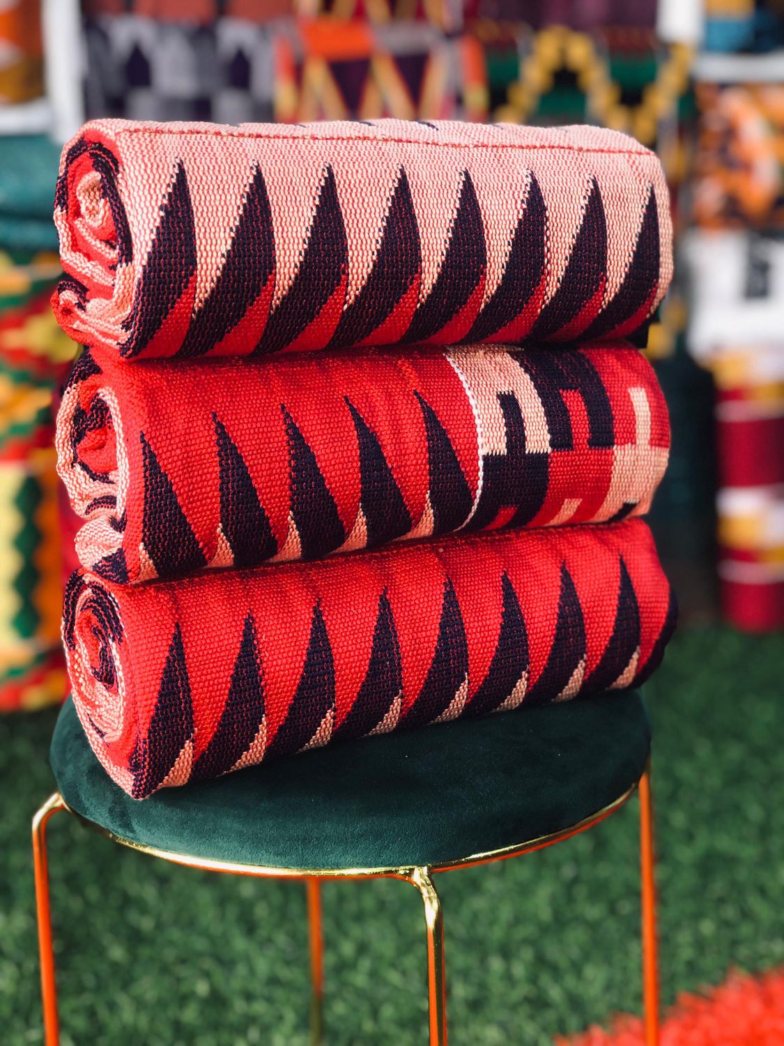 6 Yards Hand Woven Kente Fabric - For woman - Peach/Red/Navy Blue