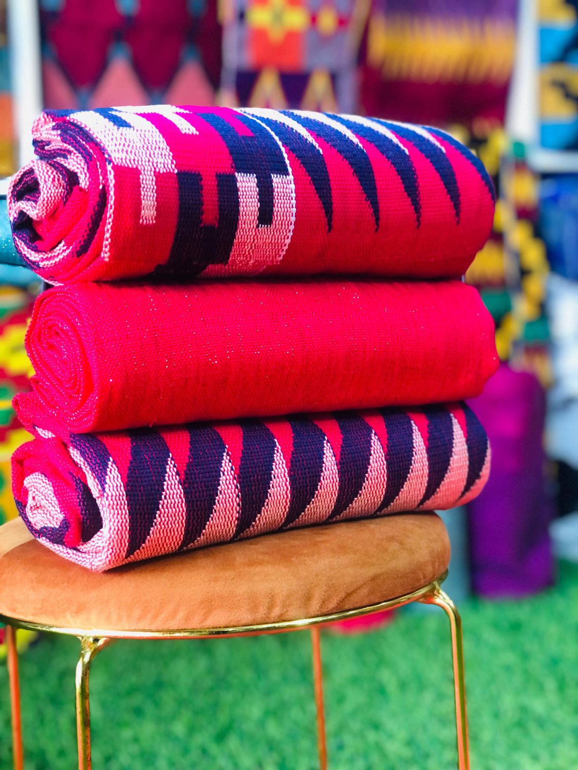 6 Yards Hand Woven Kente Fabric - For woman - Peach/Red/Navy Blue