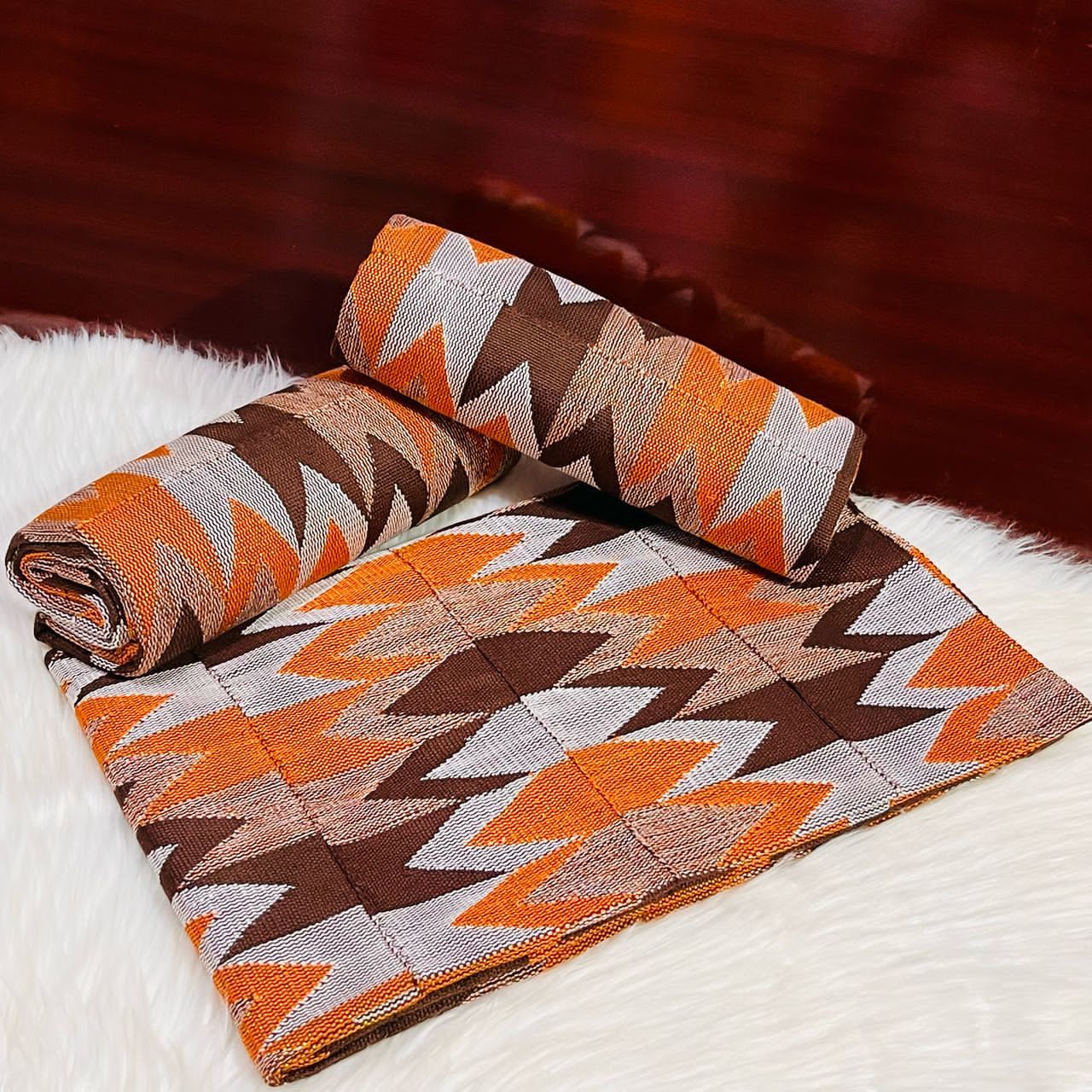 6 Yards Hand Woven Kente Fabric - For woman- FulL Design/plain option-Orange/Coffee Brown
