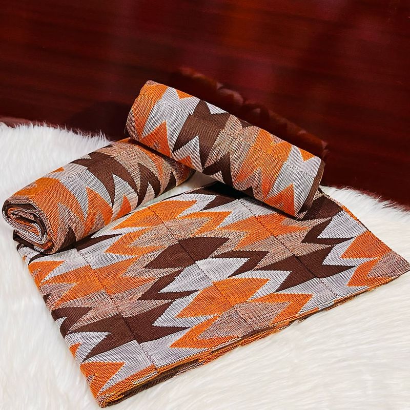 6 Yards Hand Woven Kente Fabric - For woman- FulL Design/plain option-Orange/Coffee Brown